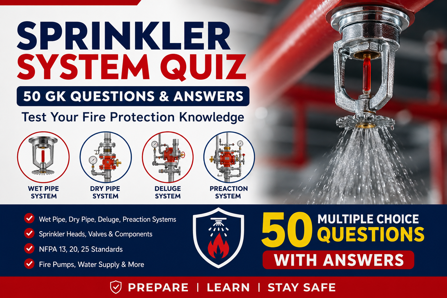 Sprinkler System Quiz – 50 GK Questions and Answers on Wet Pipe, Dry Pipe, Deluge and Preaction Systems